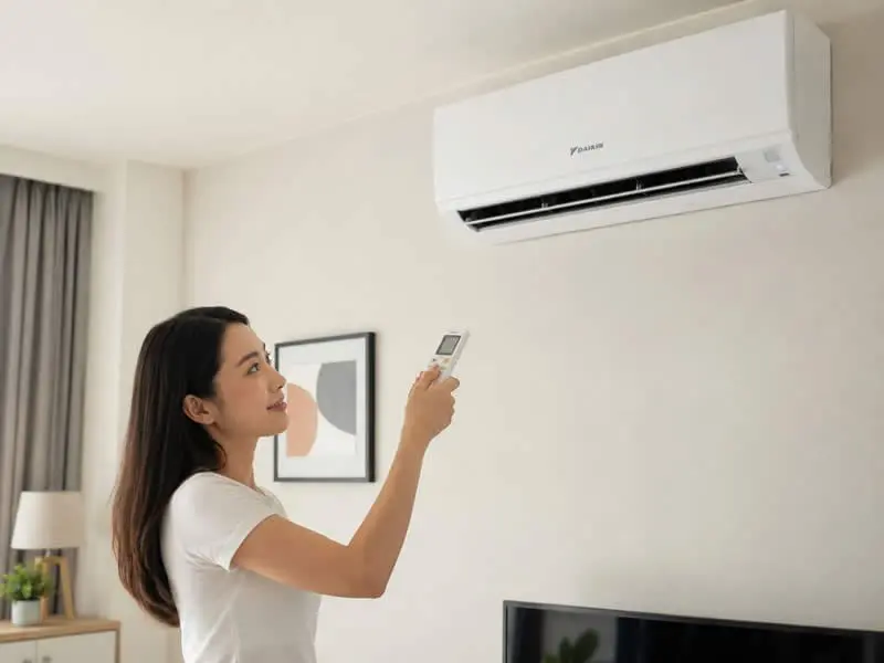 Asian-woman-Turning-on-Daikin-HVAC-Unit Woman demonstrating how to turn on the Daikin ductless unit