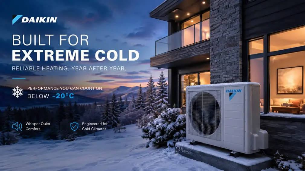 Daikin-Heat-Pump-With-Snow Showing Daikin heat pump outside home in Seattle, WA working in -20 degree weather